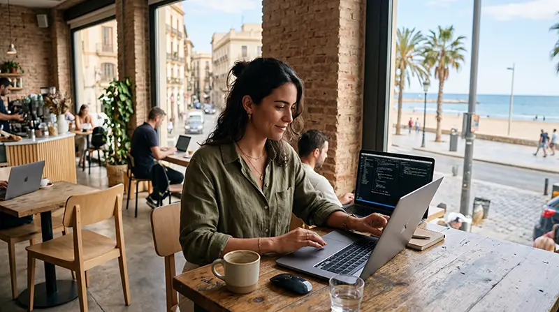 Remote worker using eSIM mobile internet while working remotely in Spain