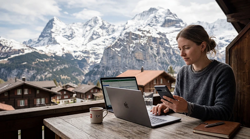 Remote worker using eSIM mobile internet while working remotely in Switzerland.