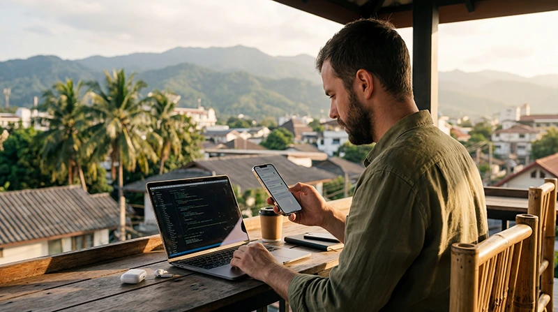 Remote worker using mobile internet in Thailand with a Thailand eSIM for video calls, hotspot, coworking, and remote work.