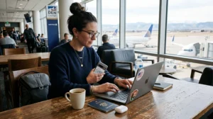 Remote worker using mobile internet, hotspot, and a USA eSIM while working during a trip in the United States.