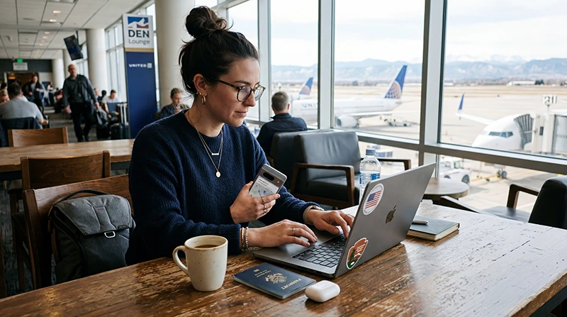 Remote worker using mobile internet, hotspot, and a USA eSIM while working during a trip in the United States.