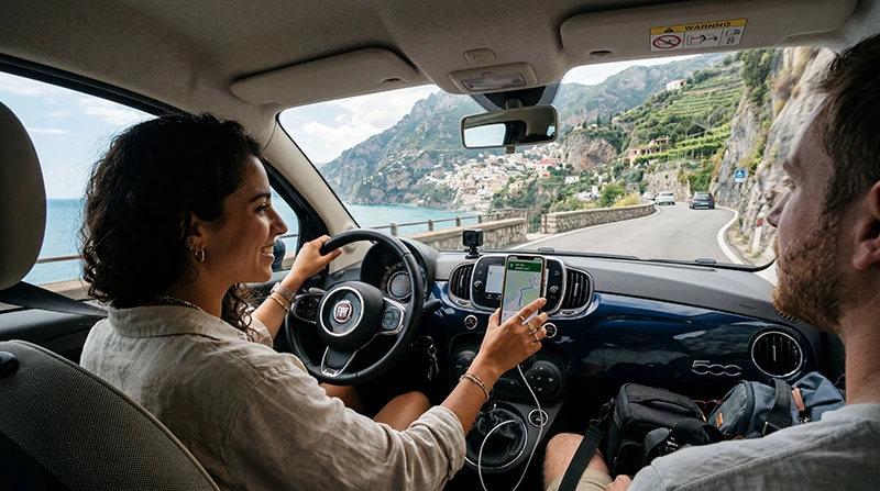 Travelers using mobile internet during a road trip across Italy
