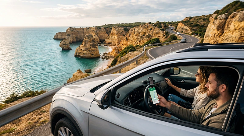 Tourists using Portugal eSIM and mobile internet during a road trip in Portugal