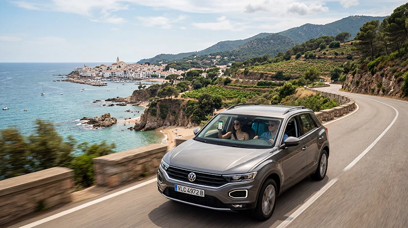 Travelers using mobile internet and eSIM during a road trip in Spain