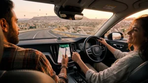 Travelers using mobile internet during a road trip across Turkey.