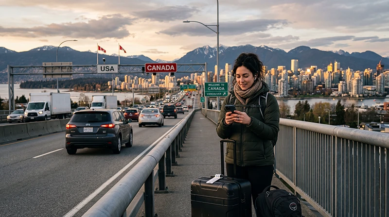 Traveler using mobile roaming and eSIM while traveling between the USA and Canada