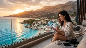 Traveler using a smartphone in Albania with Albania eSIM mobile data to avoid roaming charges.