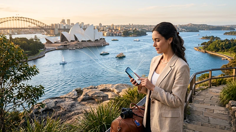 Traveler using a smartphone in Australia with Australia eSIM mobile data to avoid roaming charges.