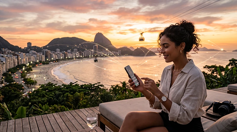 Traveler using a smartphone in Brazil with Brazil eSIM mobile data to avoid roaming charges.