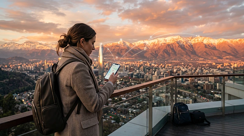 Traveler using a smartphone in Chile with Chile eSIM mobile data to avoid roaming charges.