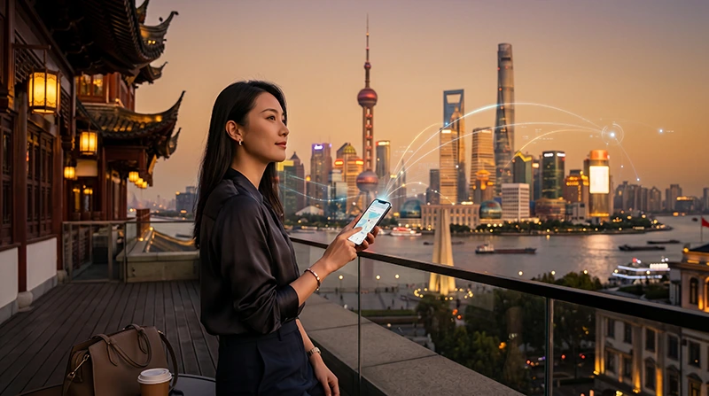 Traveler using a smartphone in China with China eSIM mobile data to avoid roaming charges.
