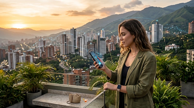 Traveler using a smartphone in Colombia with Colombia eSIM mobile data to avoid roaming charges.