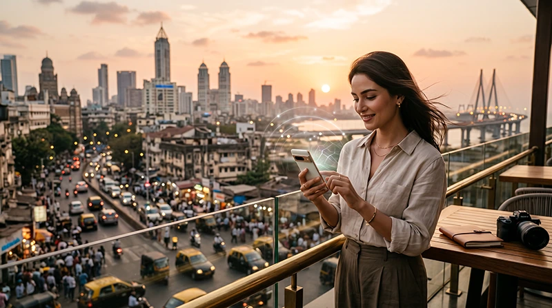 Traveler using a smartphone in India with India eSIM mobile data to avoid roaming charges.