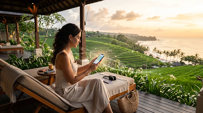 Traveler using a smartphone in Indonesia with Indonesia eSIM mobile data to avoid roaming charges.