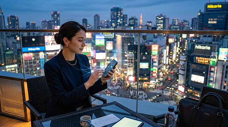 Traveler using a smartphone in Tokyo with Japan eSIM mobile data to avoid roaming charges.