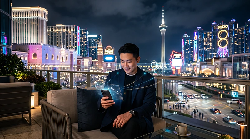 Traveler using a smartphone in Macau with Macau eSIM mobile data to avoid roaming charges.