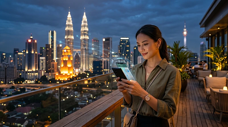 Traveler using a smartphone in Malaysia with Malaysia eSIM mobile data to avoid roaming charges.