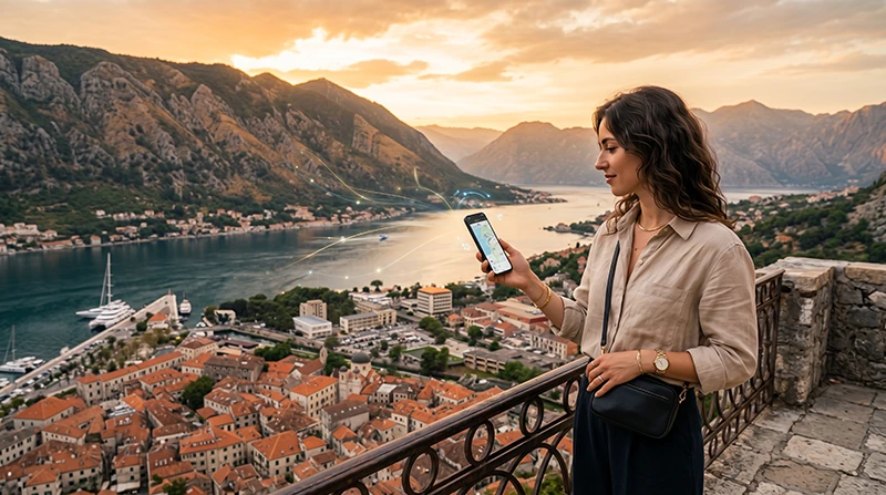 Traveler using a smartphone in Montenegro with Montenegro eSIM mobile data to avoid roaming charges.