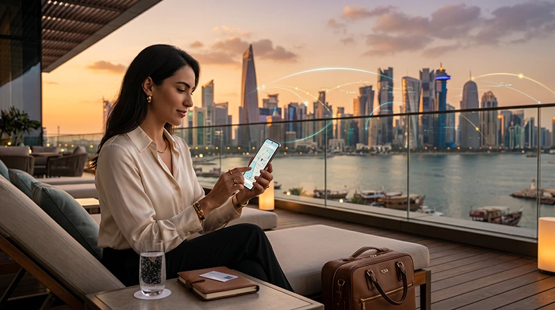 Traveler using a smartphone in Qatar with Qatar eSIM mobile data to avoid roaming charges.