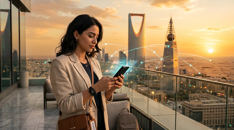 Traveler using a smartphone in Saudi Arabia with Saudi Arabia eSIM mobile data to avoid roaming charges.