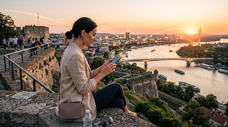 Traveler using a smartphone in Serbia with Serbia eSIM mobile data to avoid roaming charges.