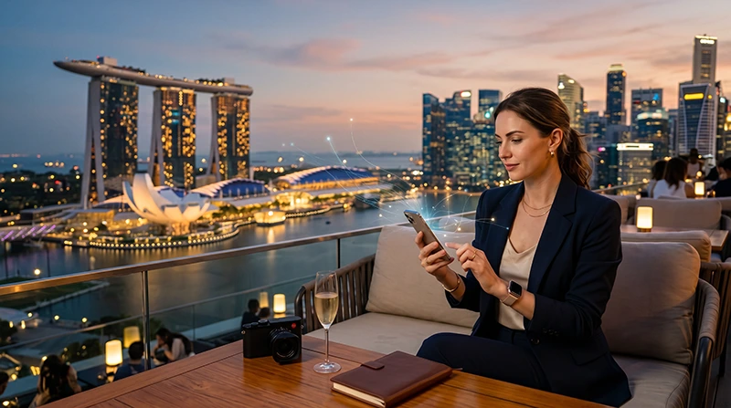 Traveler using a smartphone in Singapore with Singapore eSIM mobile data to avoid roaming charges.