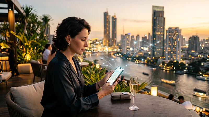 Traveler using a smartphone in Thailand with Thailand eSIM mobile data to avoid roaming charges.
