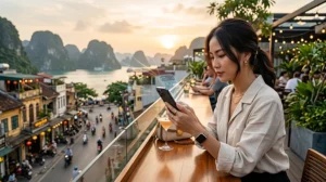 Traveler using a smartphone in Vietnam with Vietnam eSIM mobile data to avoid roaming charges.