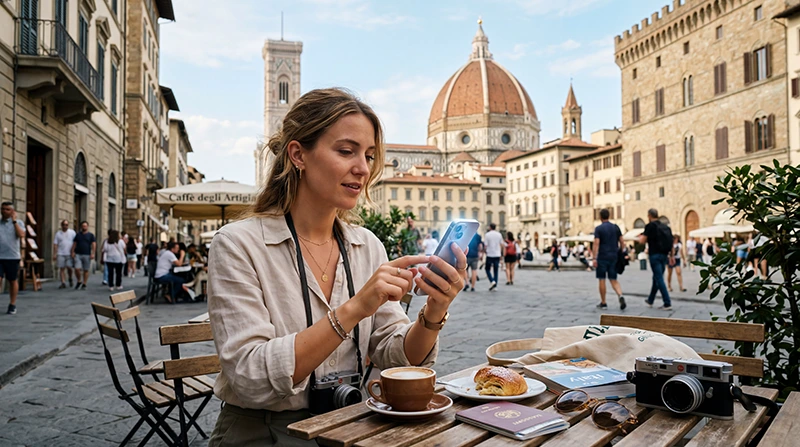 Traveler comparing roaming and eSIM internet options in Italy