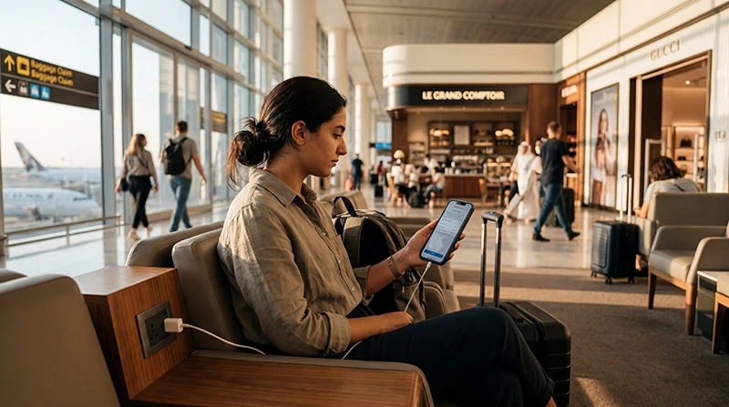 Traveler buying a SIM card or activating an eSIM at Abu Dhabi Airport with smartphone and luggage.