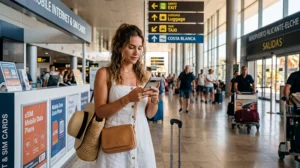 Traveler looking for a SIM card at Alicante Airport