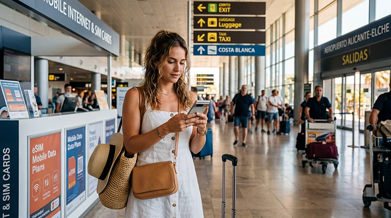 Traveler looking for a SIM card at Alicante Airport