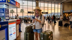 Traveler buying or setting up a SIM card after arriving at Antalya Airport in Turkey.