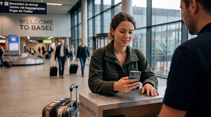 Traveler buying or activating a SIM card and eSIM at Basel Airport for mobile internet in Switzerland.