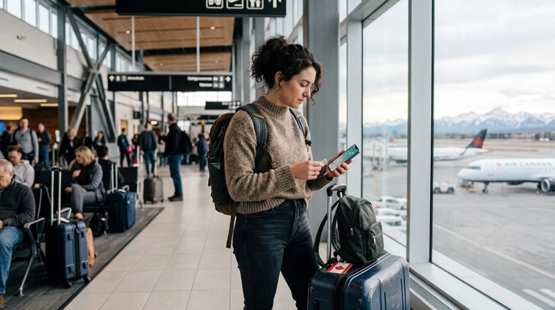 Traveler using a SIM card and smartphone at Calgary International Airport in Canada after arrival