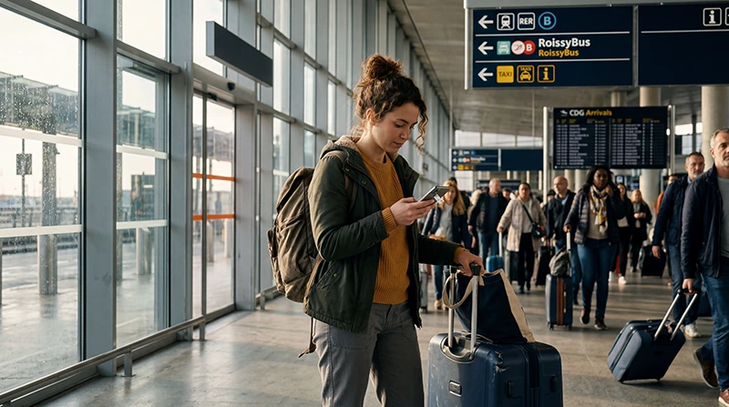 Traveler comparing SIM card and France eSIM at Charles de Gaulle Airport