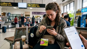 Traveler buying or activating a SIM card and Thailand eSIM at Chiang Mai airport for mobile internet, maps, and travel apps.