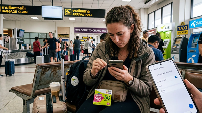 Traveler buying or activating a SIM card and Thailand eSIM at Chiang Mai airport for mobile internet, maps, and travel apps.