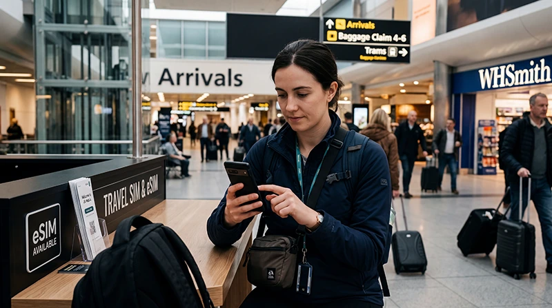 Traveler buying a SIM card or activating an eSIM at Edinburgh Airport using a smartphone.
