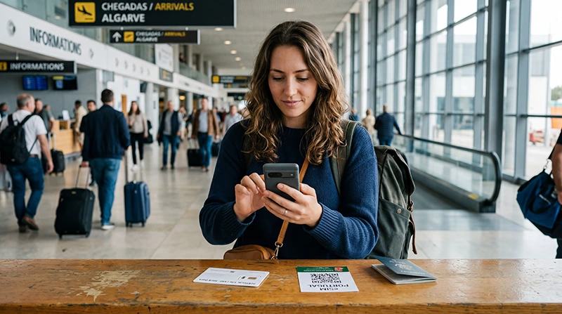 Traveler comparing SIM card and eSIM options at Faro Airport