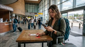 Traveler comparing SIM card and eSIM options at Florence Airport in Italy