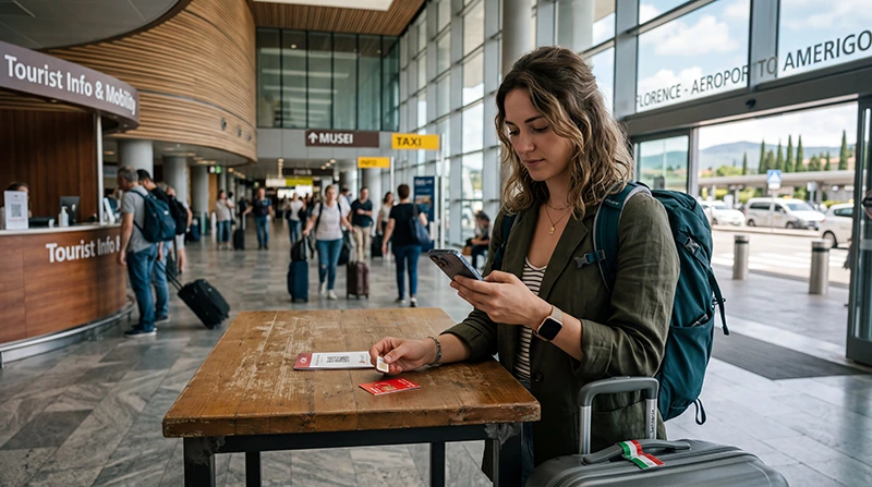Traveler comparing SIM card and eSIM options at Florence Airport in Italy
