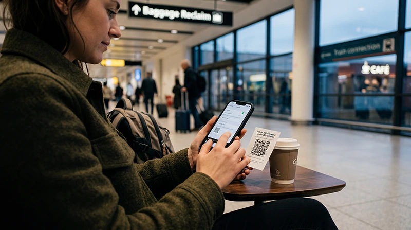 Traveler buying a SIM card or eSIM at Gatwick Airport while using a smartphone.