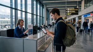 Traveler buying or activating a SIM card and eSIM at Geneva Airport in Switzerland.