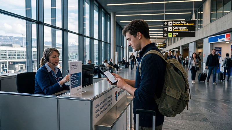 Traveler buying or activating a SIM card and eSIM at Geneva Airport in Switzerland.