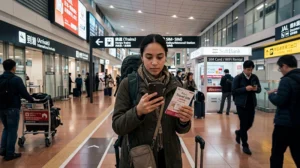 Traveler using a SIM card and mobile internet after arriving at Haneda Airport in Japan.