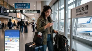 Traveler using a SIM card and mobile internet after arriving at Kansai Airport in Osaka, Japan.