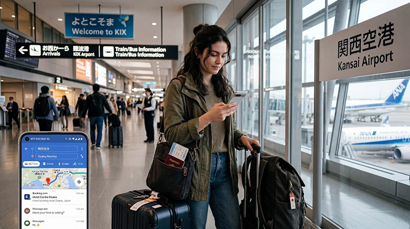 Traveler using a SIM card and mobile internet after arriving at Kansai Airport in Osaka, Japan.