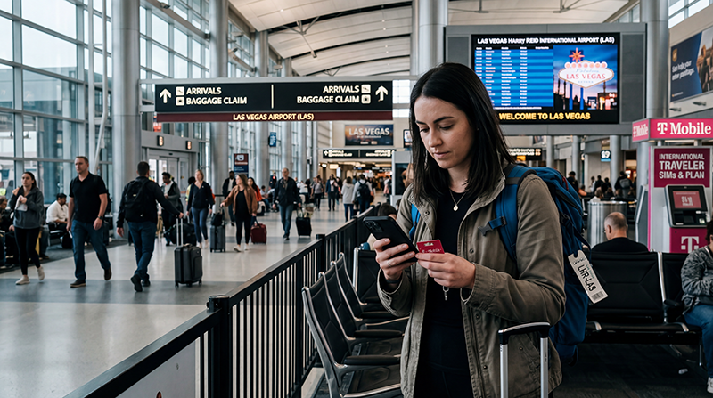 Traveler using a SIM card and mobile internet after landing at Las Vegas Airport.