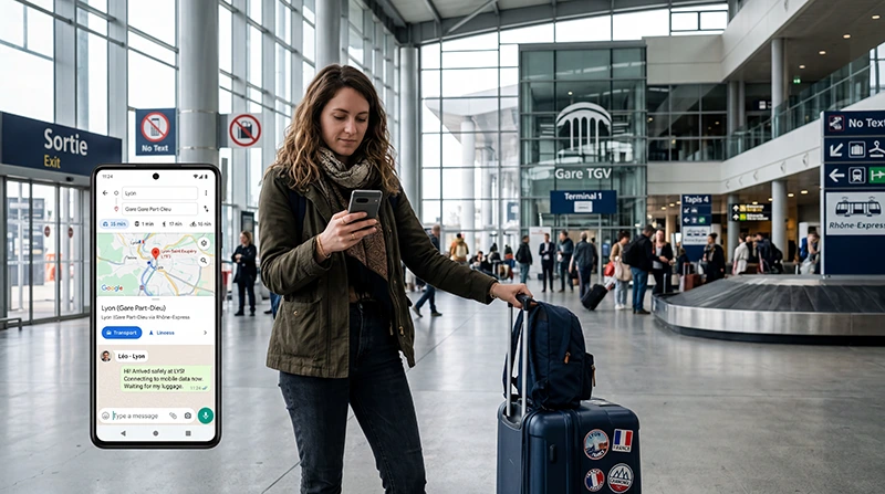 Traveler comparing SIM card and France eSIM at Lyon Saint Exupéry Airport